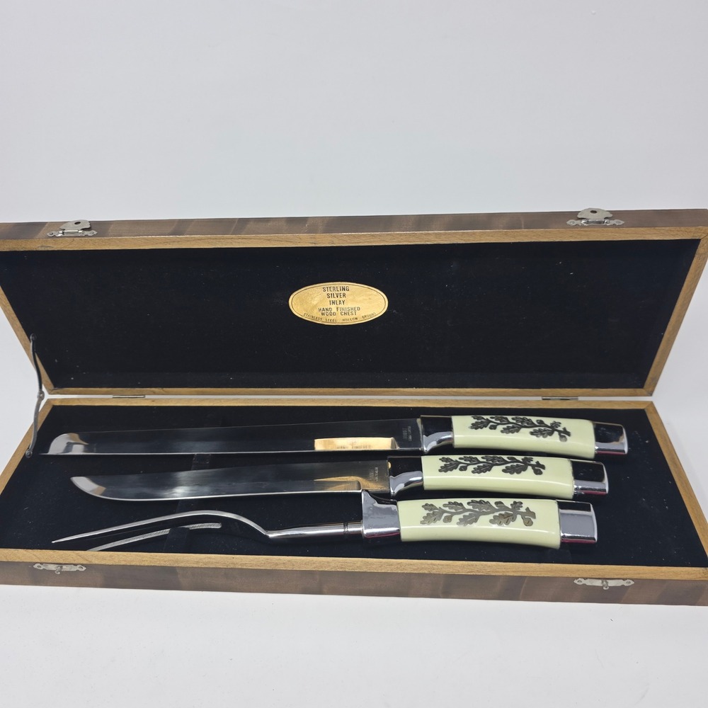 Arnart Japan Carving Knife Fork Set Sterling Silver Inlay 3 Pc Wood Case Vintage